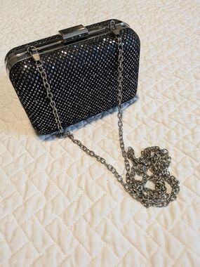 Crystal-Studded Black Evening Clutch with Silver Chain